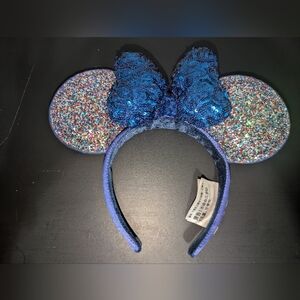 Blue Sequin Minnie Ear Headband with Multicolor Glitter Ears